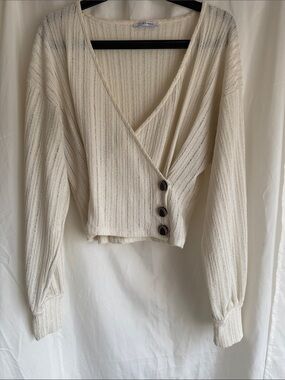 Zara Cream Ribbed Knit Wrap Top with Button Accents